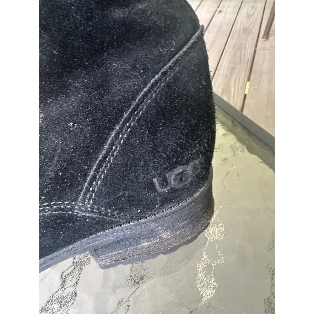 UGG Black Suede Leather Lace Up‎ Shearling Lined Winter Boots Women's Size 10